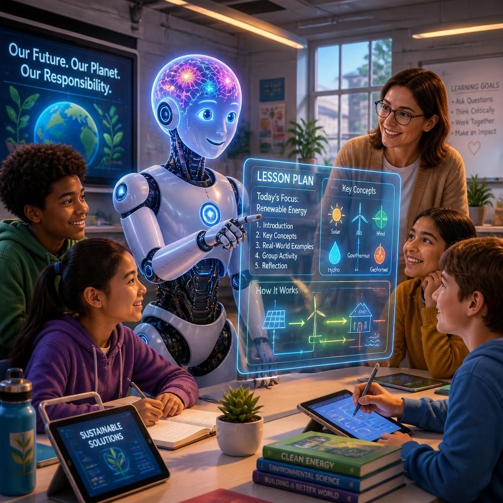 AI robot teaching renewable energy lesson to students and teacher in modern classroom