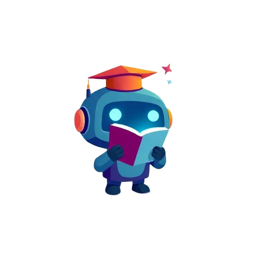 Cartoon robot wearing graduation cap and holding book with stars